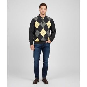 Rare SØR by Richard Edking 100% Cashmere Argyle Polo Sweater Gray Size 42 Large